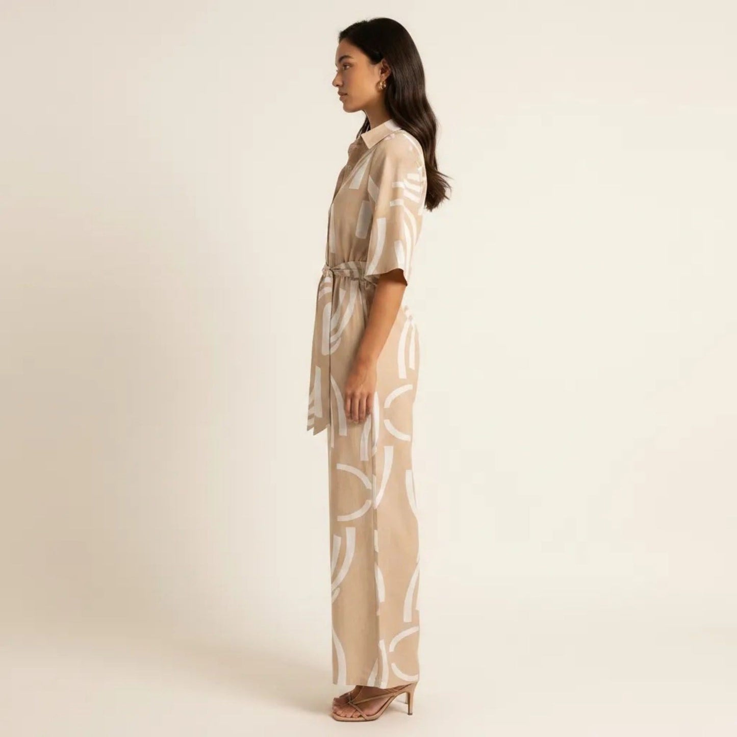 Printed Wide Leg Jumpsuit Button Front Short Sleeve Tie Waist Relaxed Fit One Piece