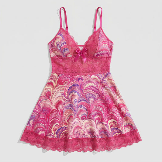 Printed Lace Trim Chemise Nightgown