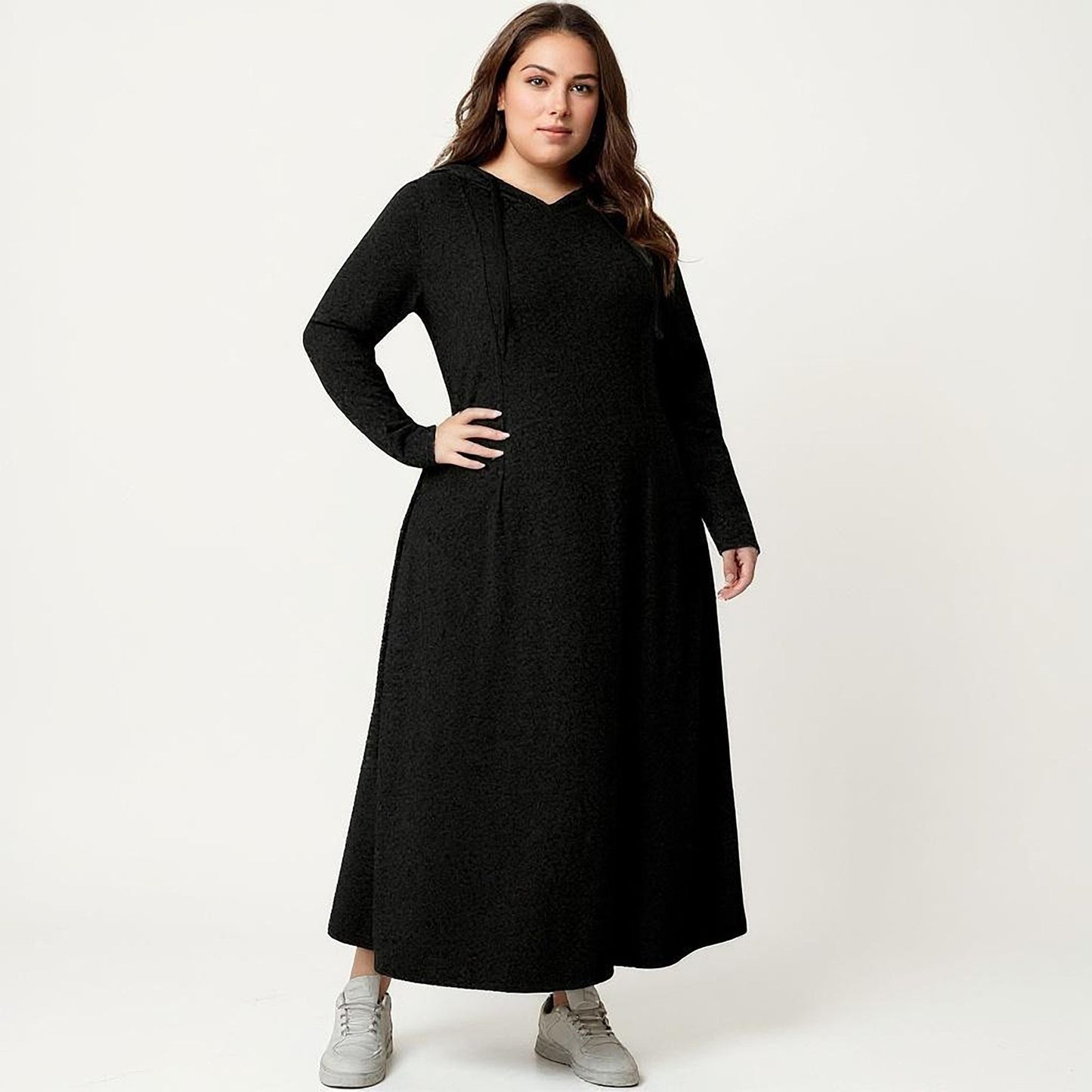 Plus Size Long Sleeve Hooded Maxi Dress with Relaxed Fit Silhouette and Soft Flowy Hem