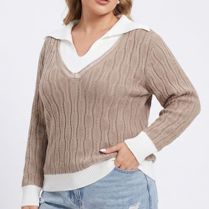 Plus Size Cable Knit Contrast Collar V-Neck Sweater