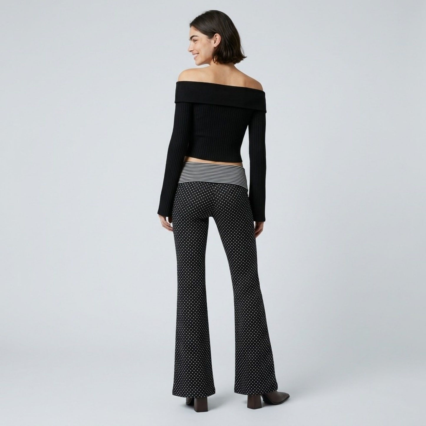 Striped Contrast Foldover Waistband Polka Dot Full-Length Wide-Leg Trousers