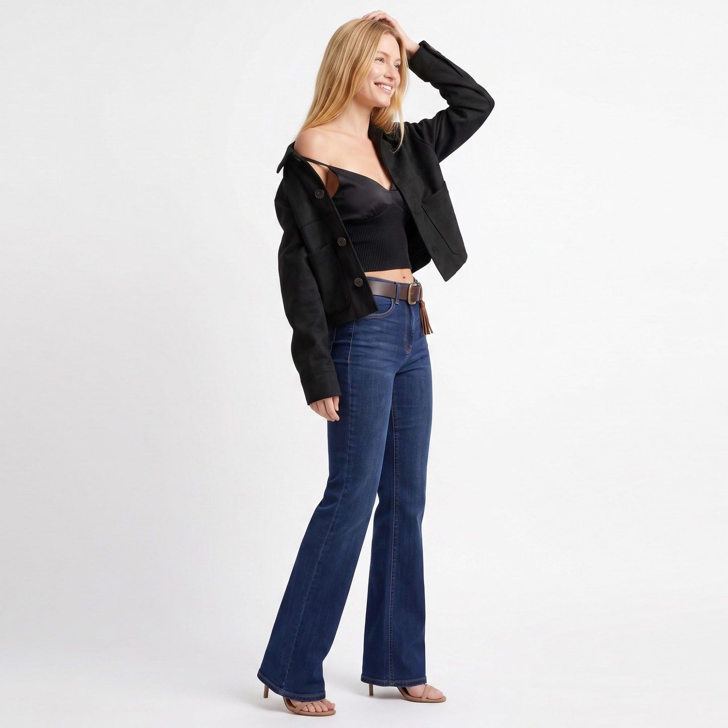 Cropped Button Front Shirt Jacket with Patch Pockets