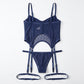 2 Piece Floral Lace Bustier and Panty Lingerie Set with Leg Straps