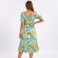 Tropical Floral Square Neck Smocked Waist Midi Dress
