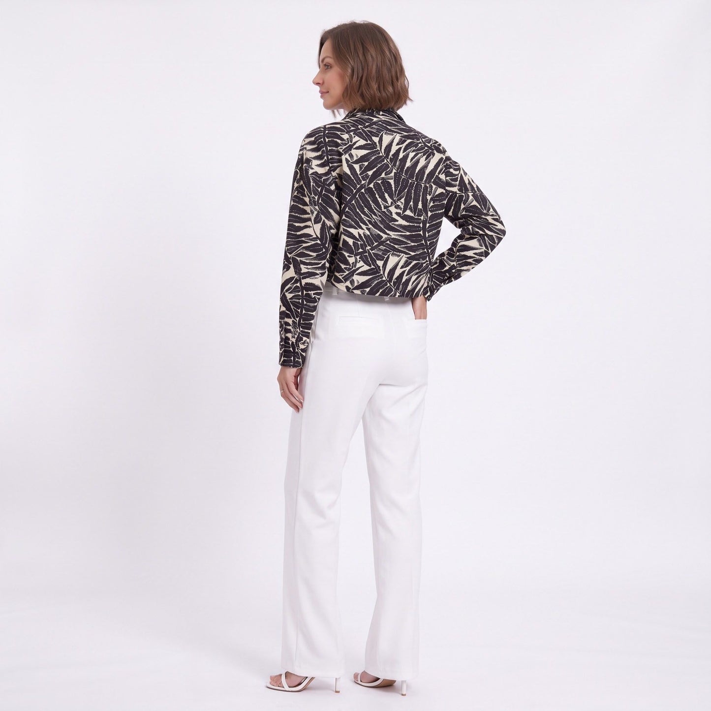 Tropical Leaf Print Cropped Jacket Long Sleeve Open Front Collared Blazer