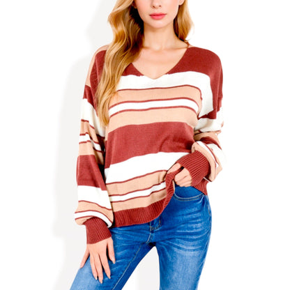 Striped V-Neck Relaxed Knit Sweater