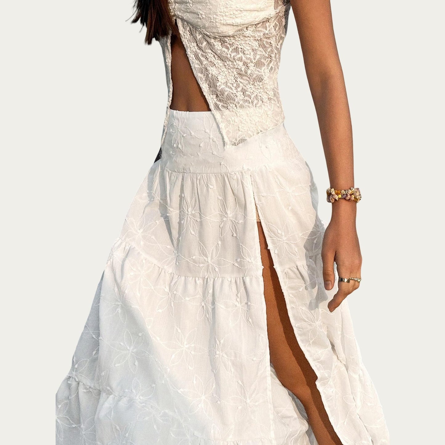 Embroidered Floral Tiered Maxi Skirt with Side Slit