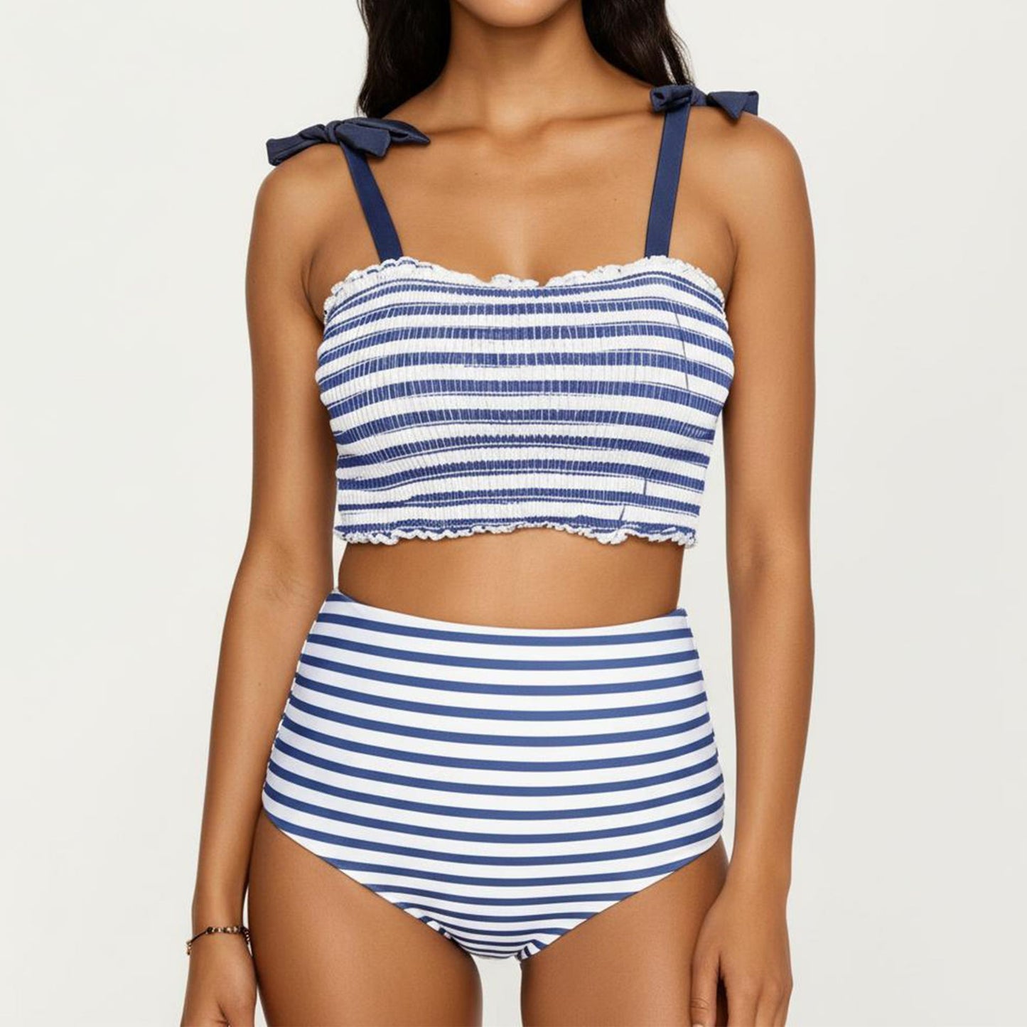 Maternity Striped Smocked Bikini Set with Tie-Shoulder Top and High-Waisted Bottom