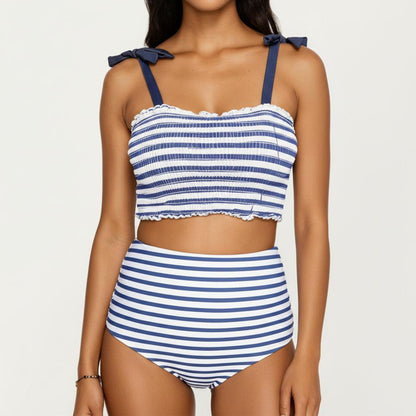 Maternity Striped Smocked Bikini Set with Tie-Shoulder Top and High-Waisted Bottom