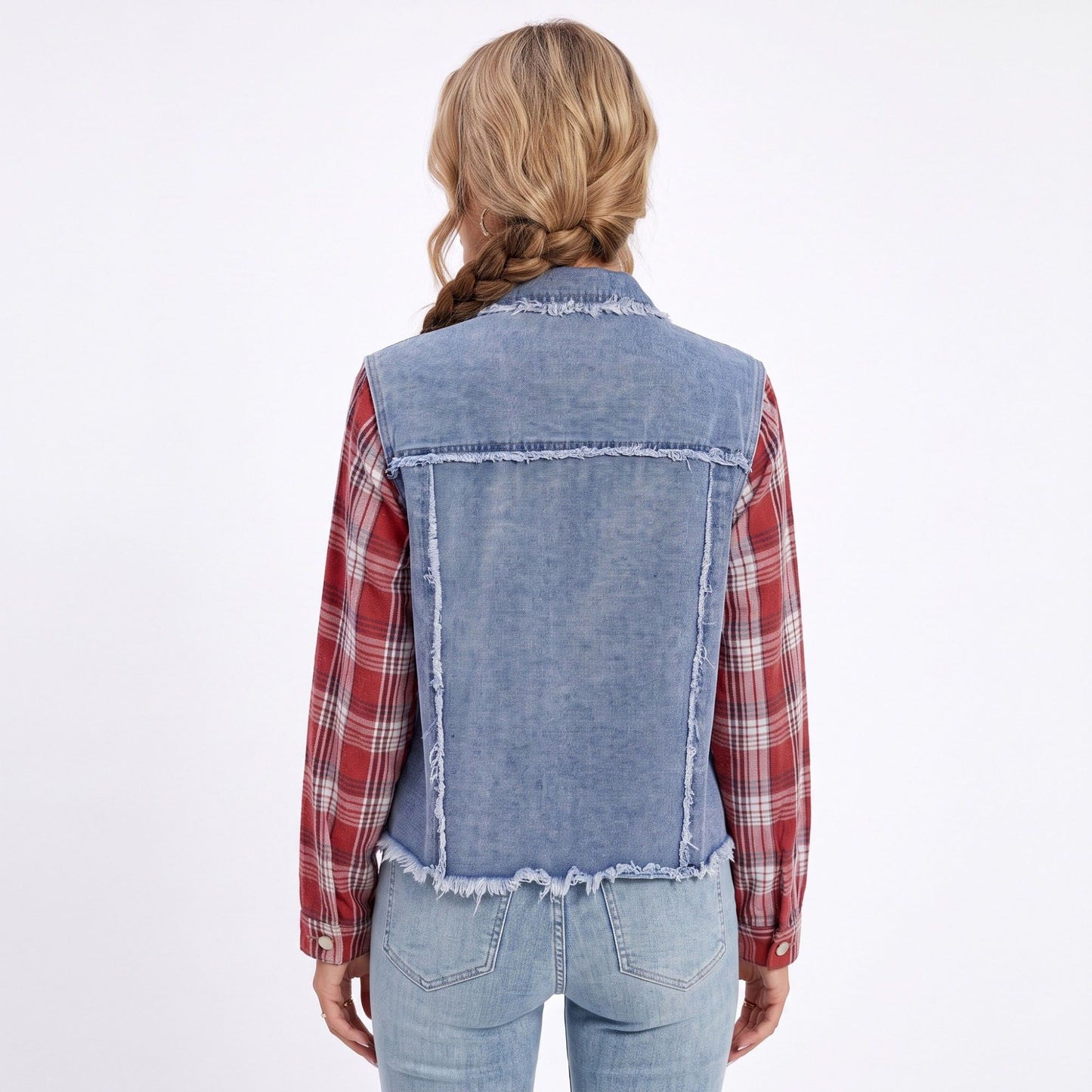 Plaid Sleeve Denim Jacket Button Front Distressed Frayed Hem Shacket