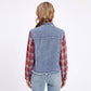 Plaid Sleeve Denim Jacket Button Front Distressed Frayed Hem Shacket