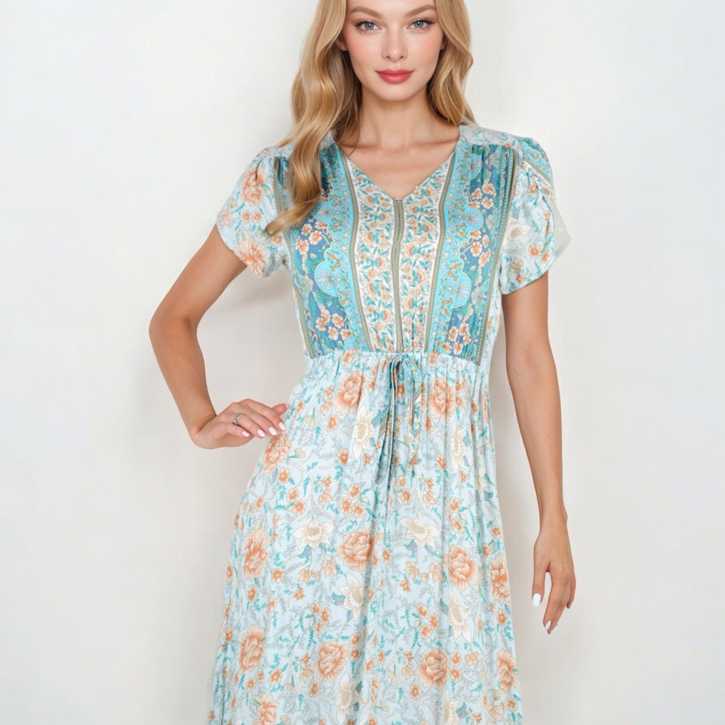 Floral Print Midi Dress With Short Sleeves Drawstring Waist