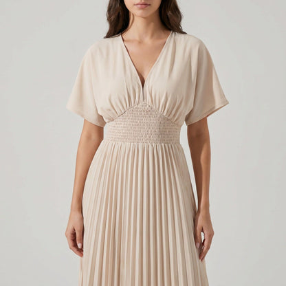 Pleated Maxi Dress with V-Neckline Short Flutter Sleeves Smocked Waist and Flowy A-Line Skirt