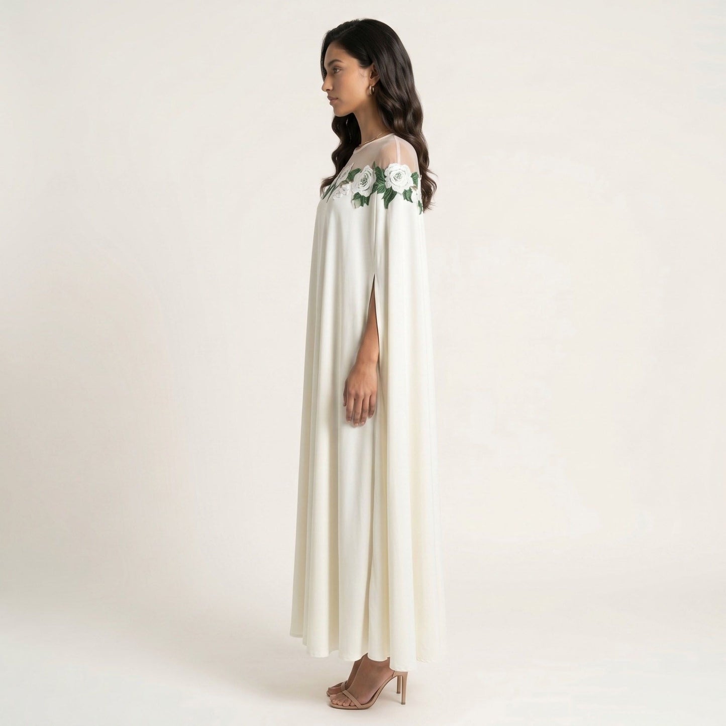 Floral Embroidered Cape Maxi Dress Sheer Neckline Loose Fit Flowing Long Dress