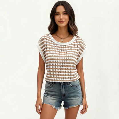 Short Sleeve Striped Crochet Knit Top with Open Stitch Texture and Relaxed Fit