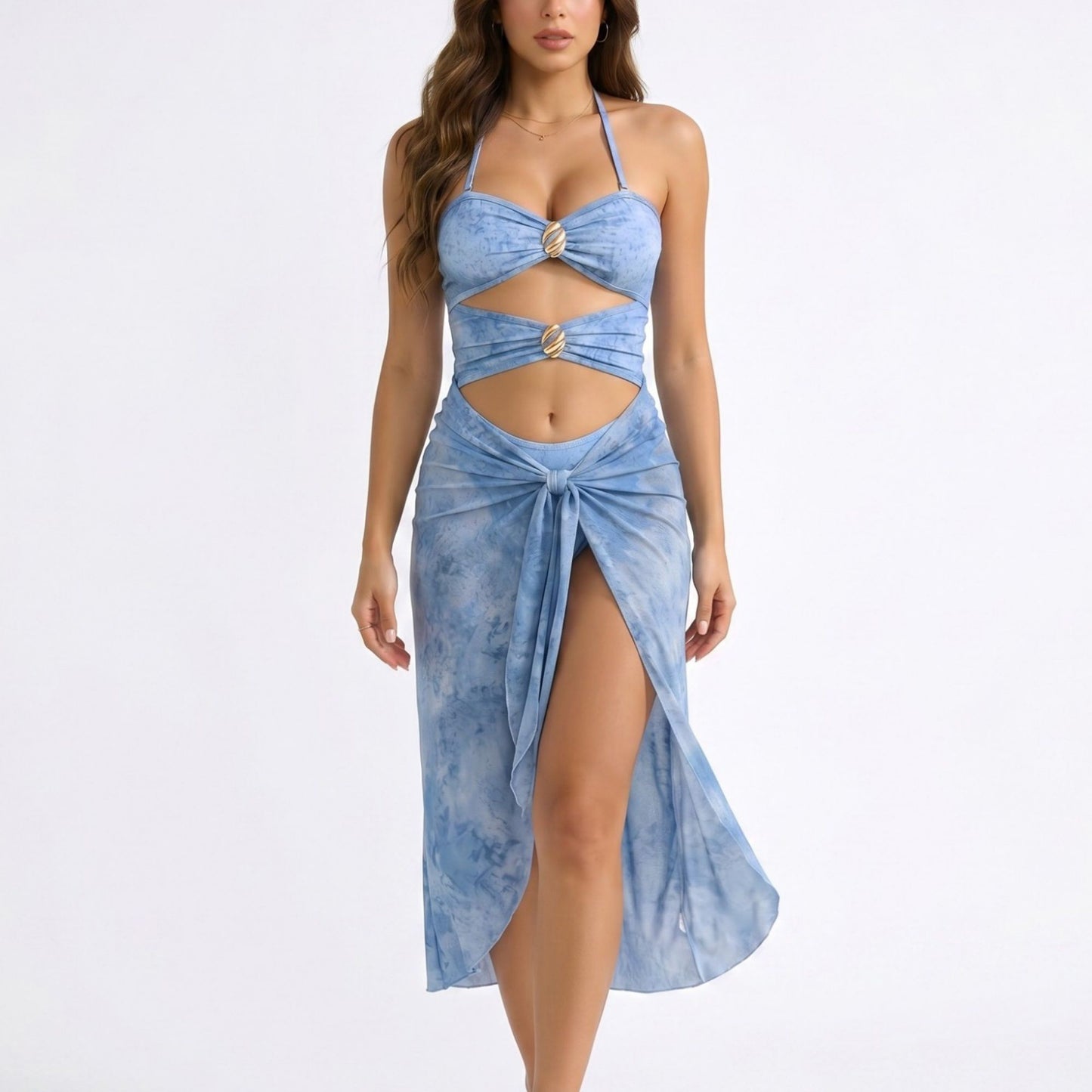 2-Piece Halter Cutout One Piece Swimsuit with Tie Front Wrap Skirt