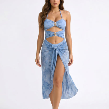 2-Piece Halter Cutout One Piece Swimsuit with Tie Front Wrap Skirt