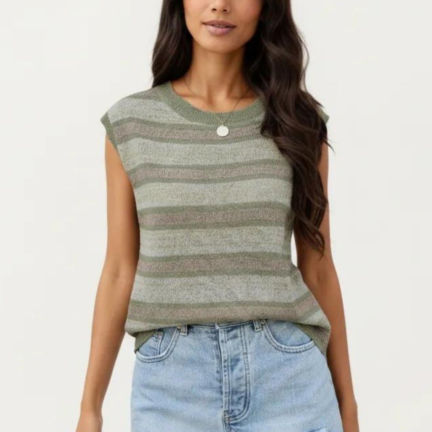 Sleeveless Striped Knit Top with Shoulder Button Detail and Relaxed Fit