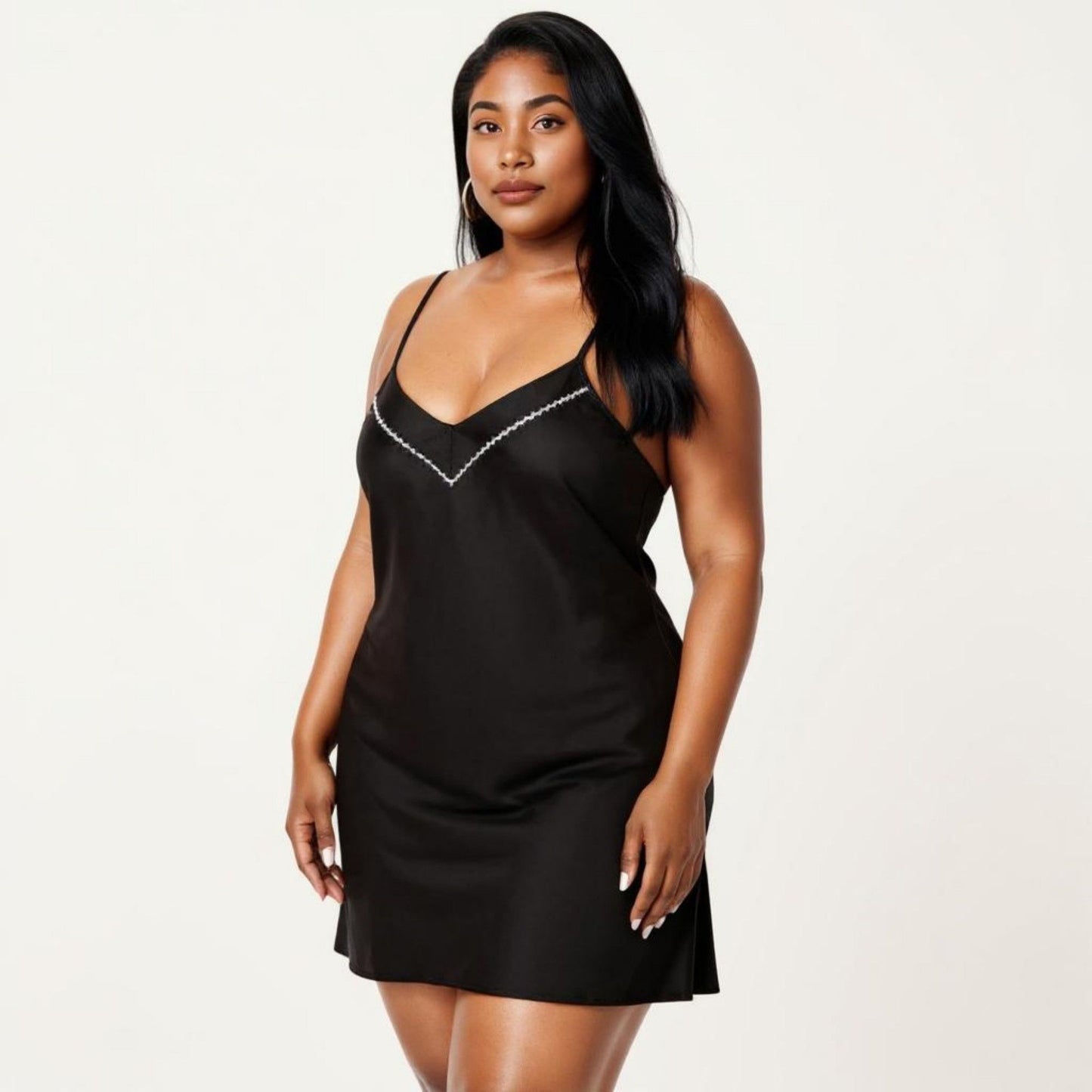 Plus Size V Neck Slip Nightgown Contrast Trim Spaghetti Strap Soft Satin Sleep Dress Short Chemise