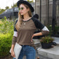 Long Sleeve Color Block Raglan Top Striped Sleeve Detail