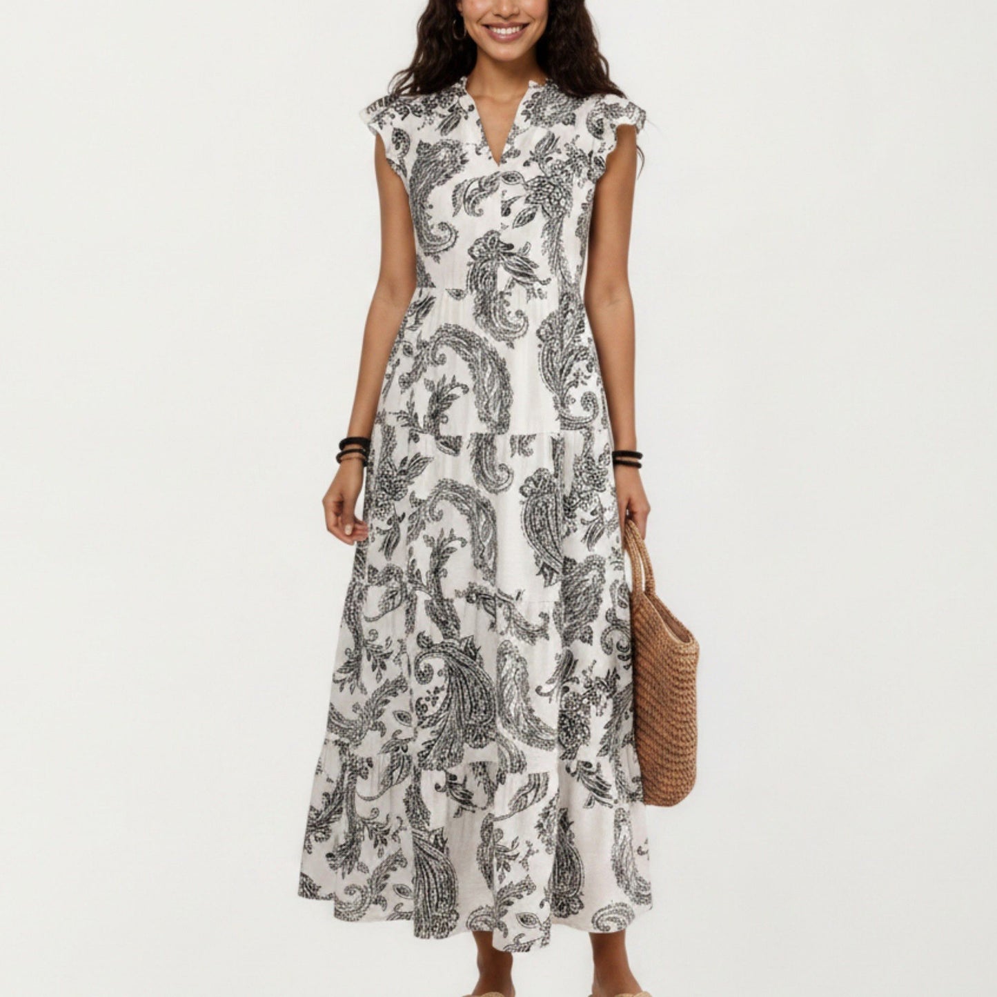 Paisley Print Flutter Sleeve Tiered Maxi Dress