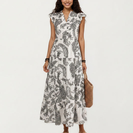 Paisley Print Flutter Sleeve Tiered Maxi Dress