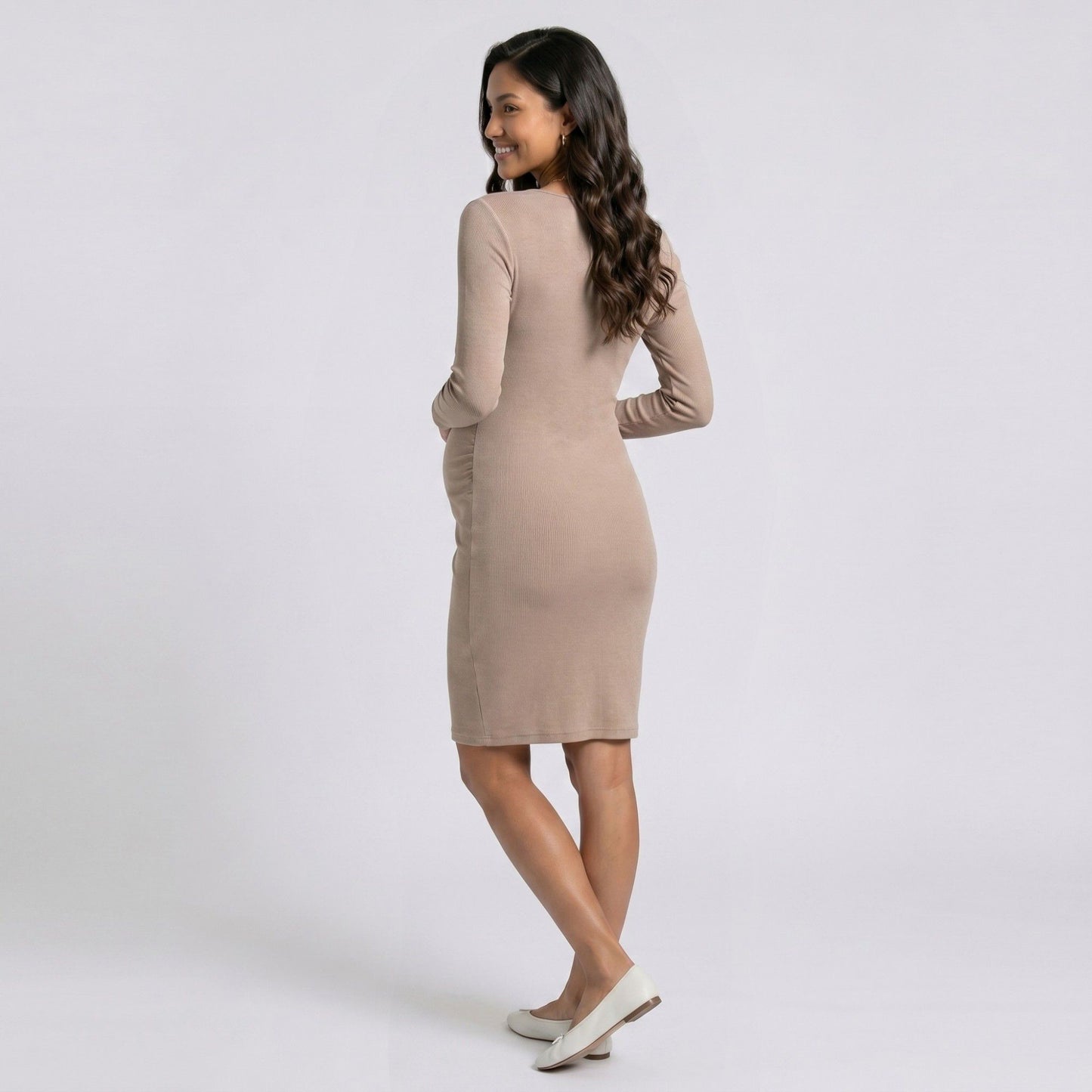 Maternity Ribbed Long Sleeve Bodycon Dress with Front Twist Detail