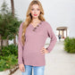 Waffle Knit Button-Accent Long Sleeve Top with V-Neck