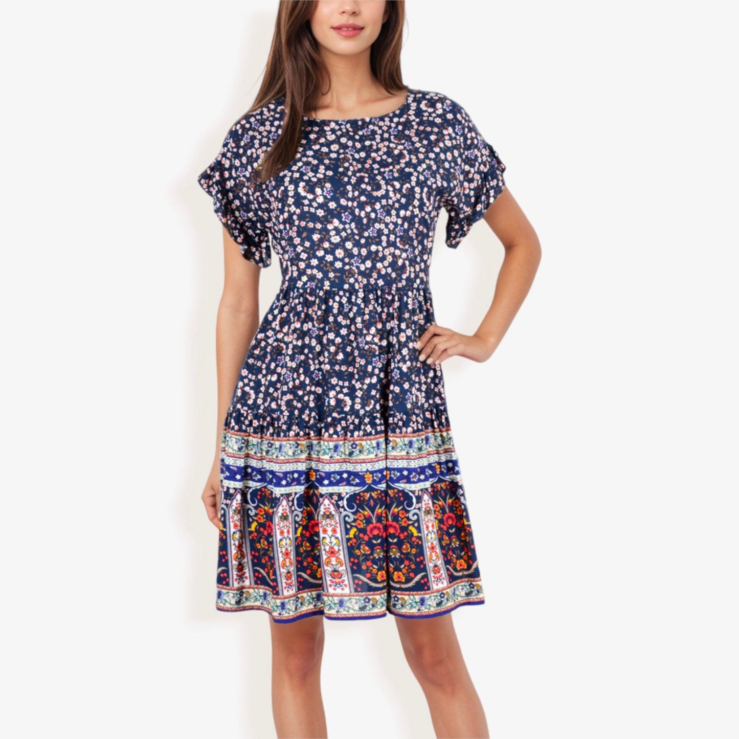 Bohemian Floral Print Short Sleeve Swing Dress Crew Neckline