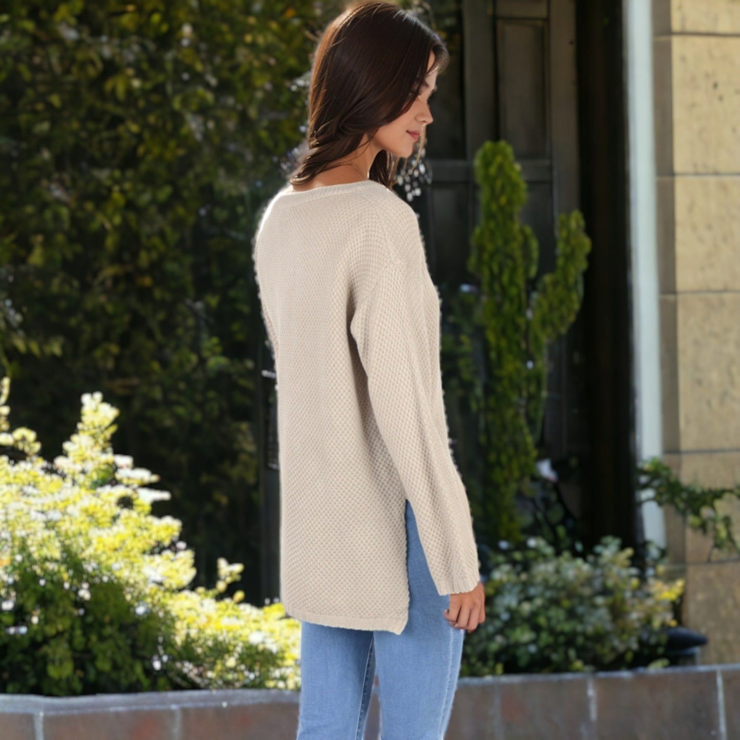 Contrast Half Button Henley Down Long Sleeve Sweater