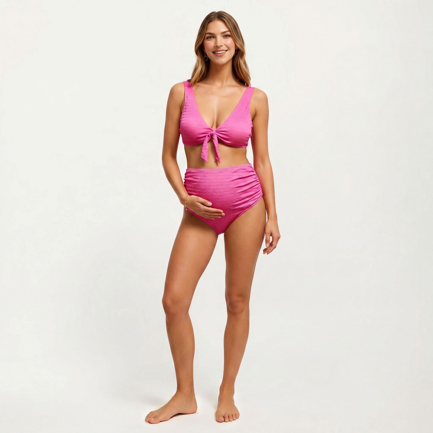 Tie-Front Maternity Bikini Set with High-Waisted Bottoms and Ribbed Texture