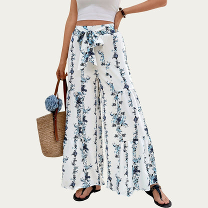 Floral Wide Leg Palazzo Pants with Tiered Hem Detail and Adjustable Tie Waist