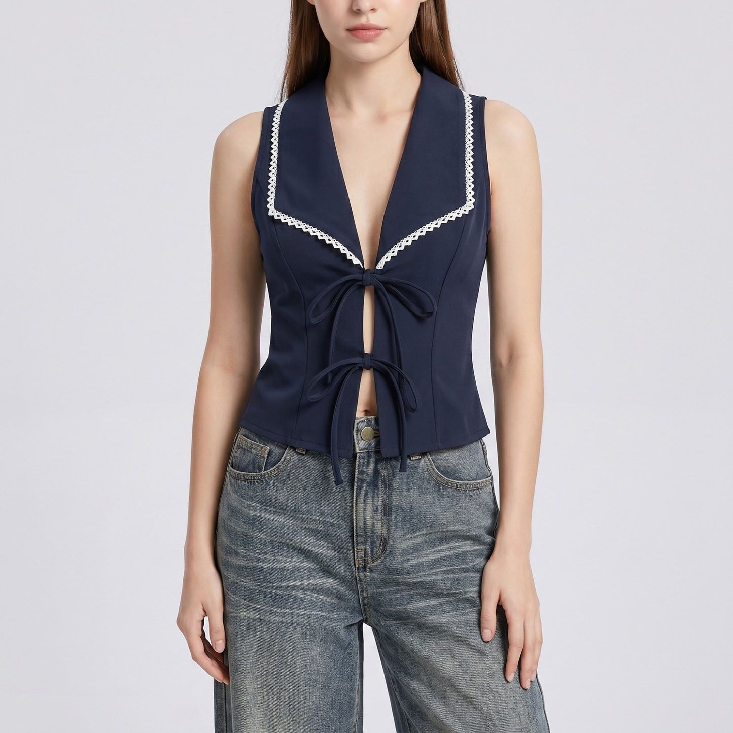Tie-Front Sleeveless Vest Top V-Neck Lace Trim Tailored Blouse