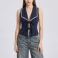 Tie-Front Sleeveless Vest Top V-Neck Lace Trim Tailored Blouse