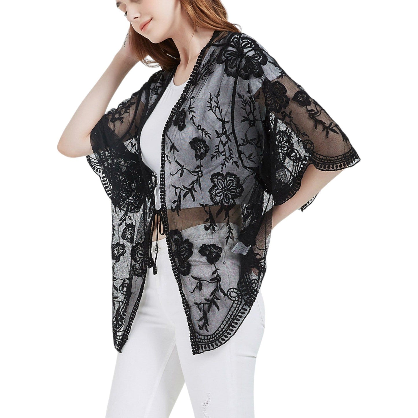 Short Embroidered Lace Duster Crop Cardigan Half Sleeves