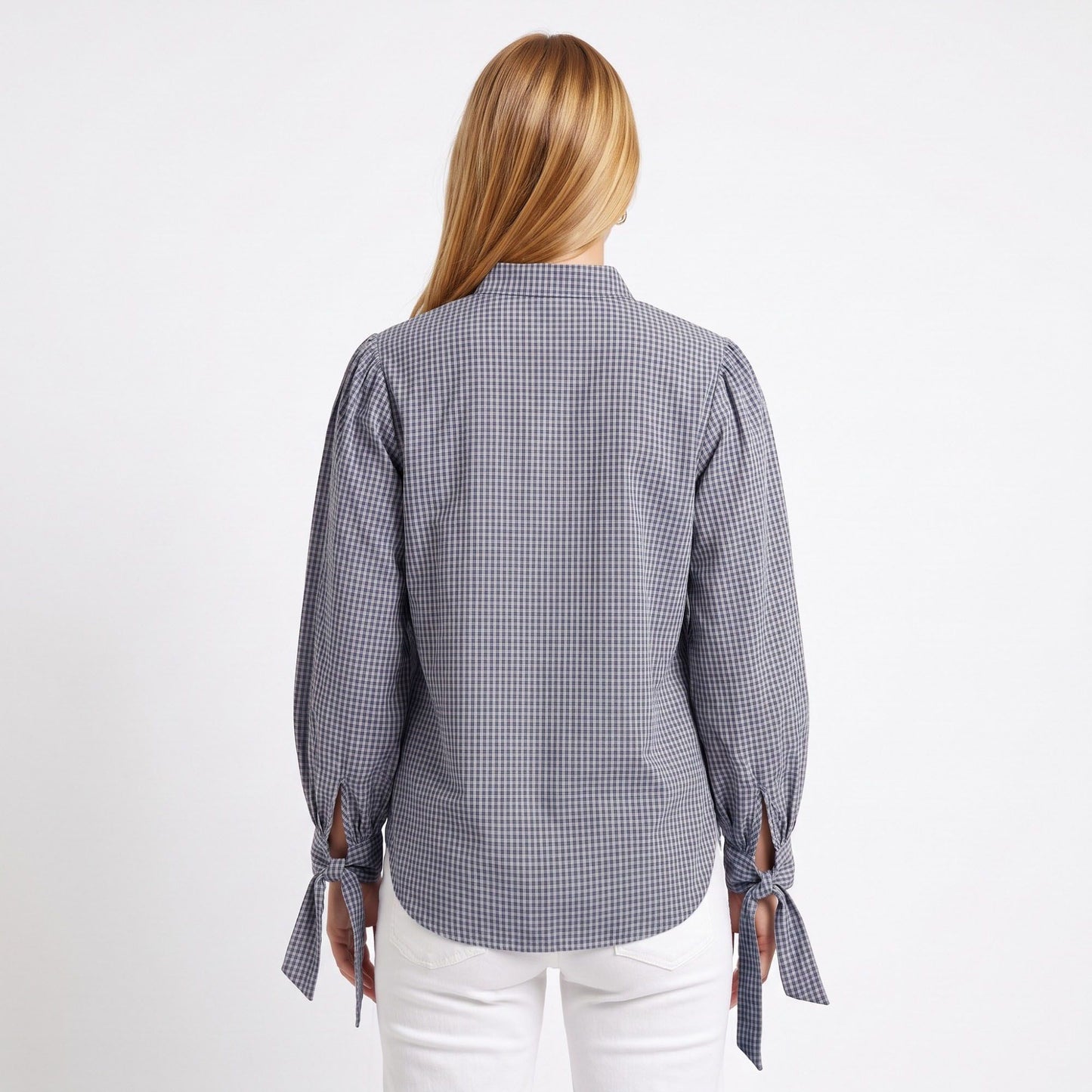 Plaid Button Down Blouse with Tie Cuff Long Sleeves
