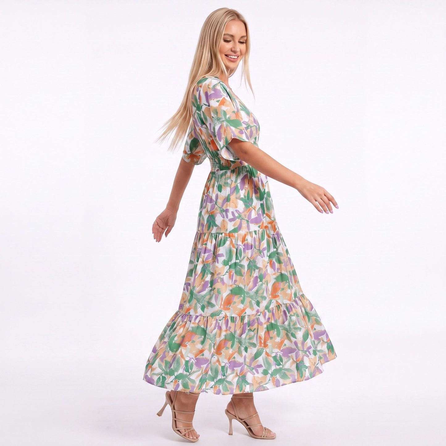 Abstract Floral V Neck Tiered Maxi Dress