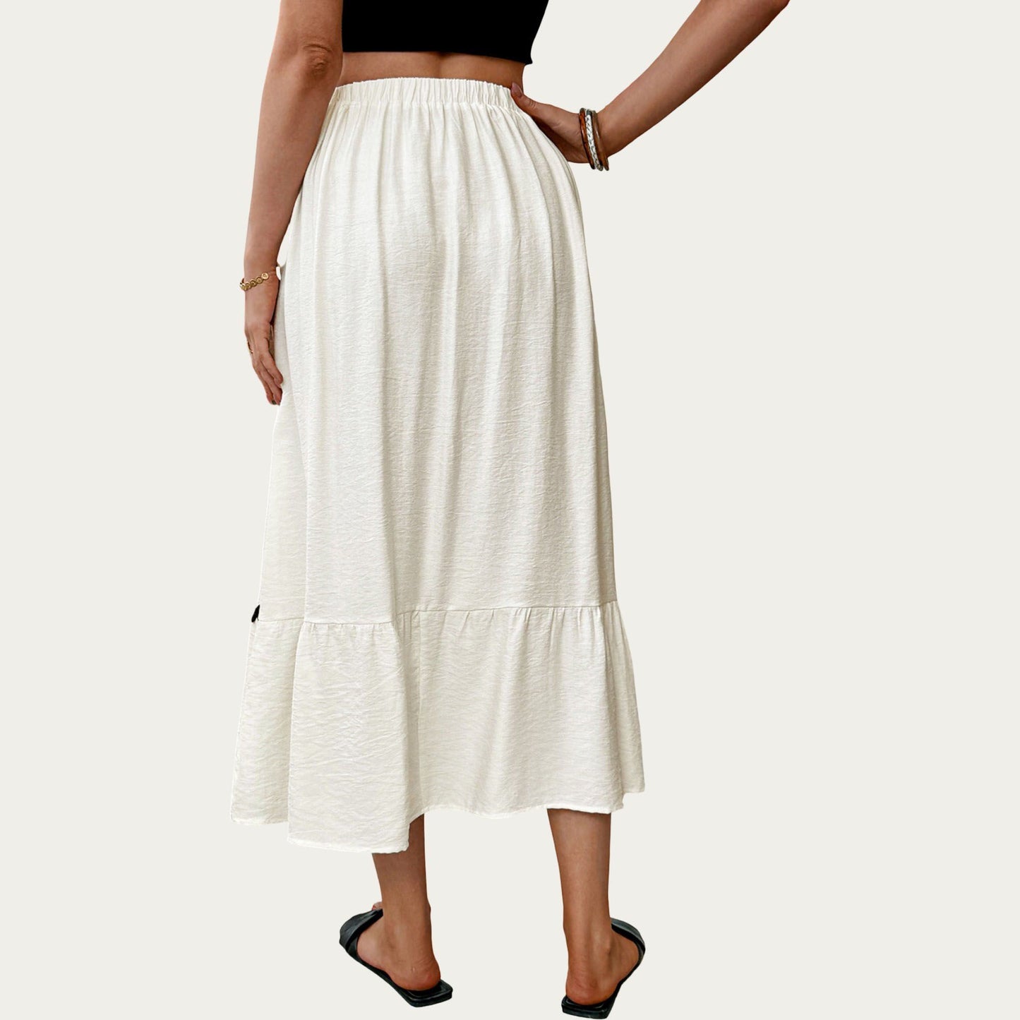 High Waist Tiered Midi Skirt with Wavy Trim Detail Flowy A-Line Silhouette Lightweight Fabric