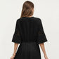 V Neck Midi Dress with Lace Trim Paneling and Short Wide Sleeves Flowing Silhouette