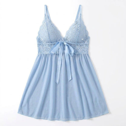 Lace Babydoll Chemise with V Neck Ribbon Bow and Flowy Skirt