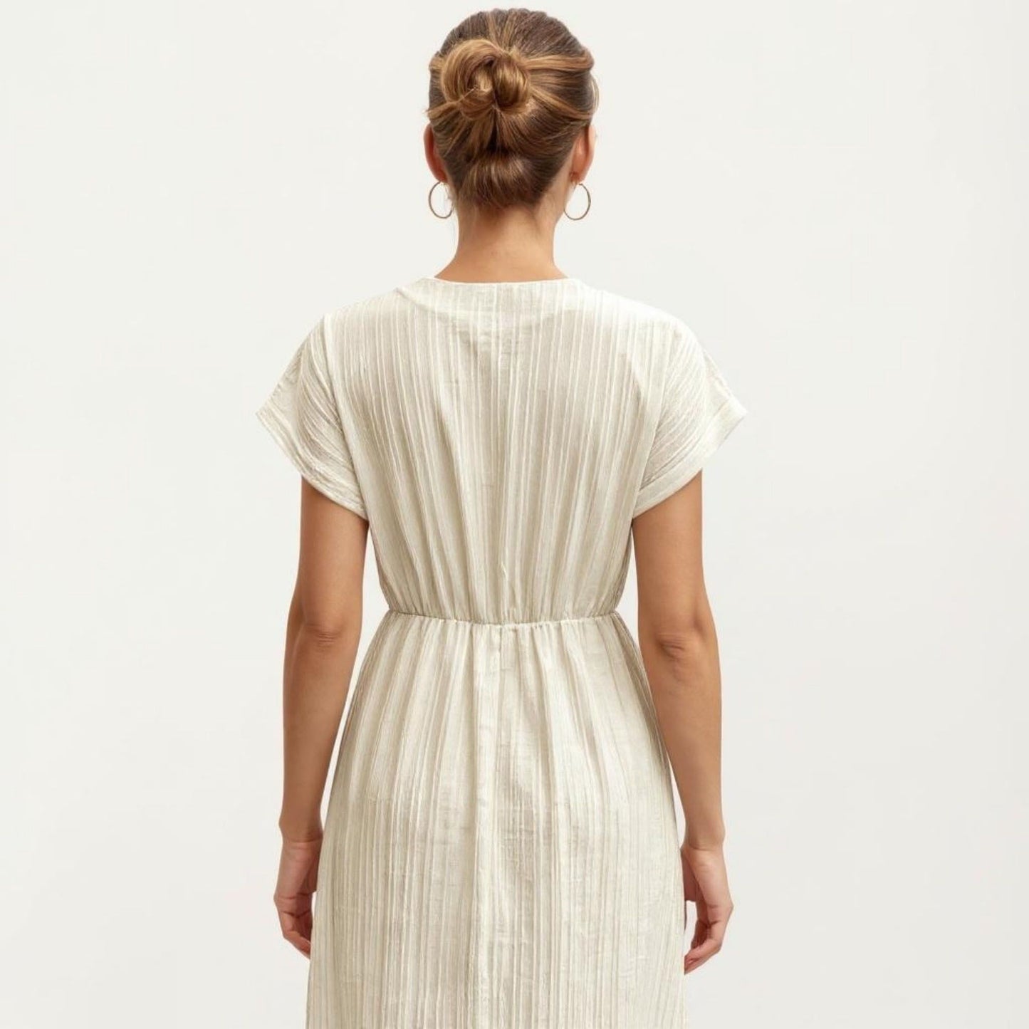 Short Sleeve Midi Dress with Wrap V Neck Twist Front Waist Detail Textured Knit Flowy Fit