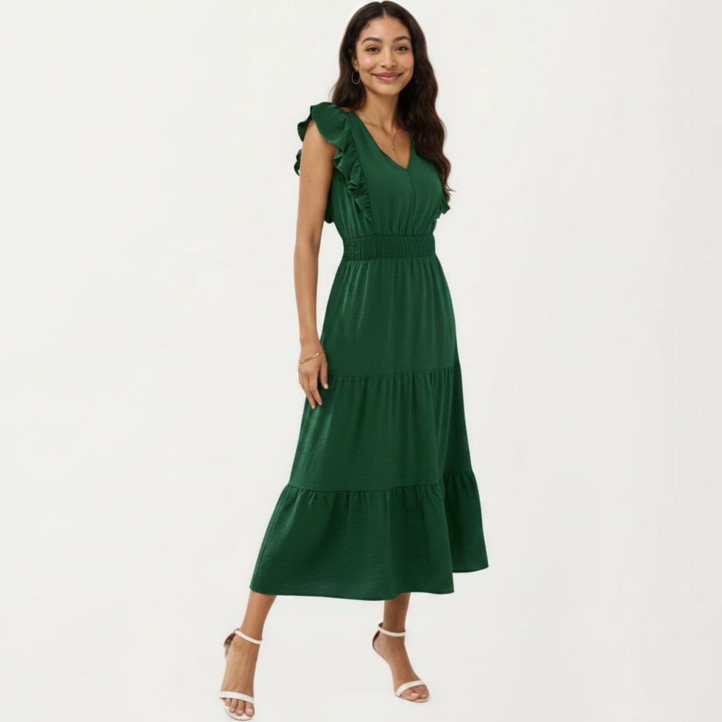 Tiered Midi Dress with Ruffle Sleeves and Smocked Waist