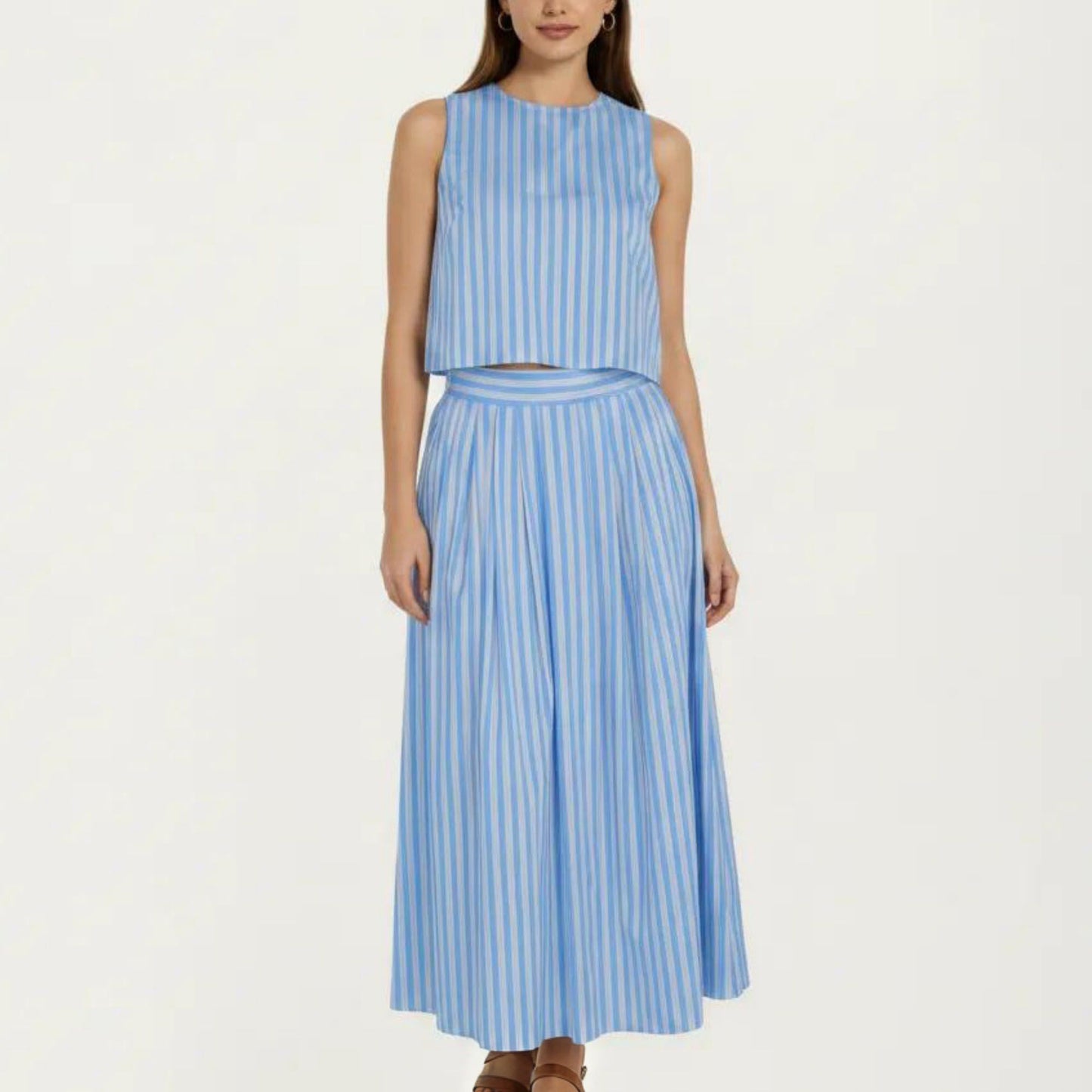 Sleeveless Striped Two Piece Set Crop Top and Midi Skirt with Back Button Detail Flowy High Waist Set