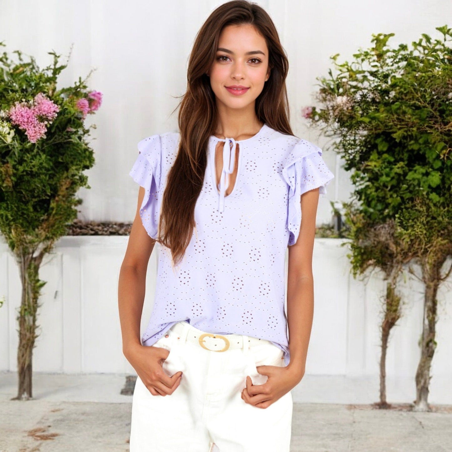 Eyelet Ruffle Sleeve Top with Keyhole Tie Front