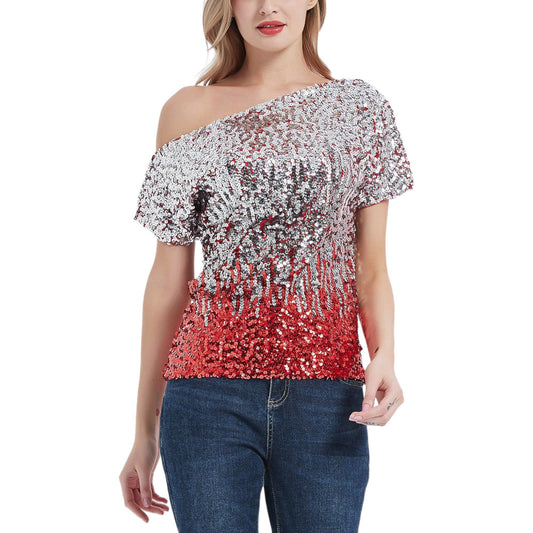 Short Sleeve One Shoulder Sparkle Sequin Pullover Top