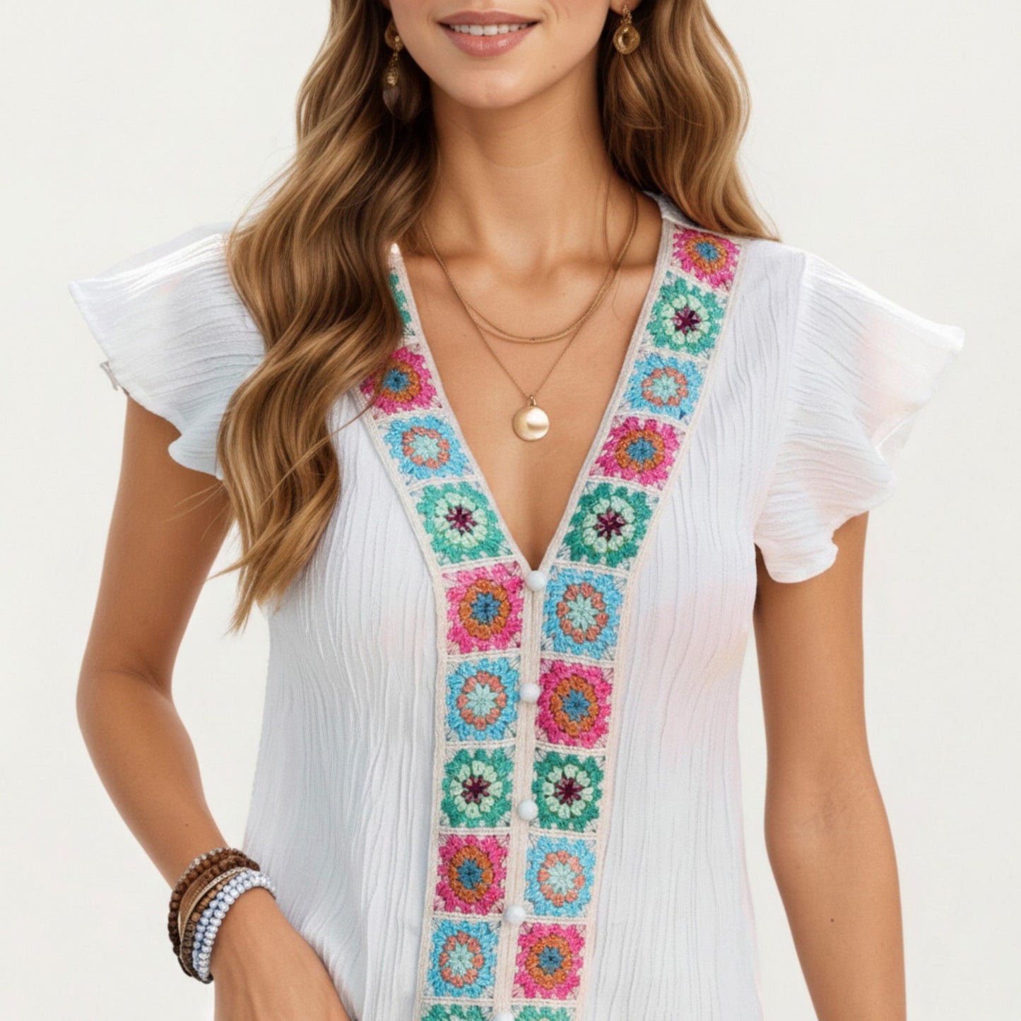 Boho Embroidered V-Neck Flutter Sleeve Textured Blouse