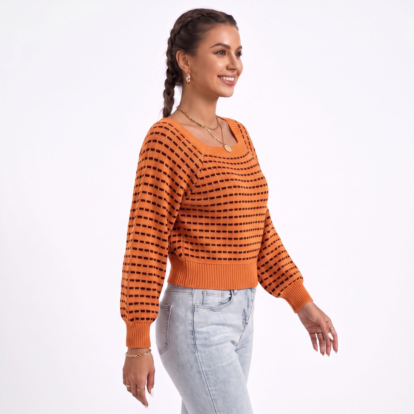 Square Neck Textured Stripe Balloon Sleeve Knit Sweater