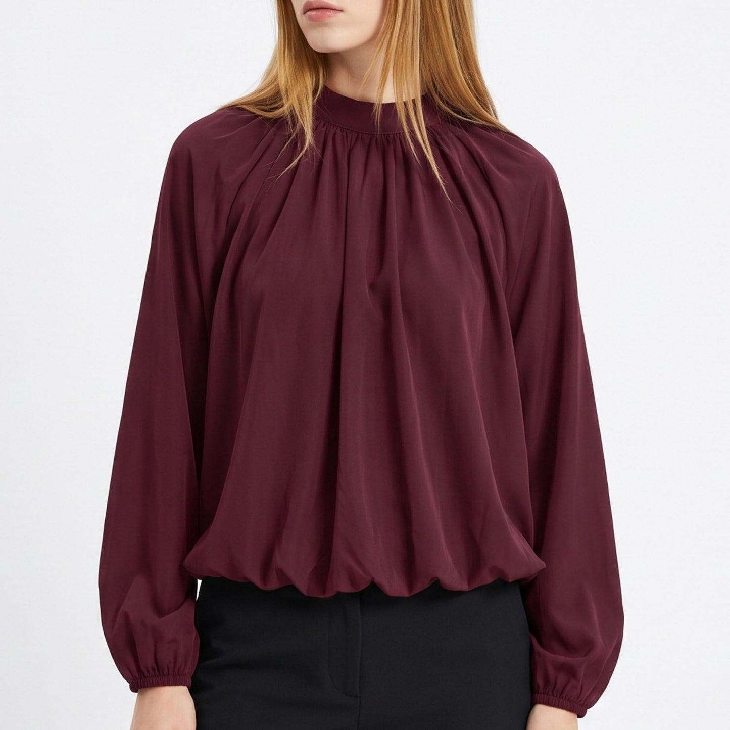 Mock Neck Blouson Long Sleeve Dressy Pullover Blouse
