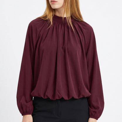 Mock Neck Blouson Long Sleeve Dressy Pullover Blouse