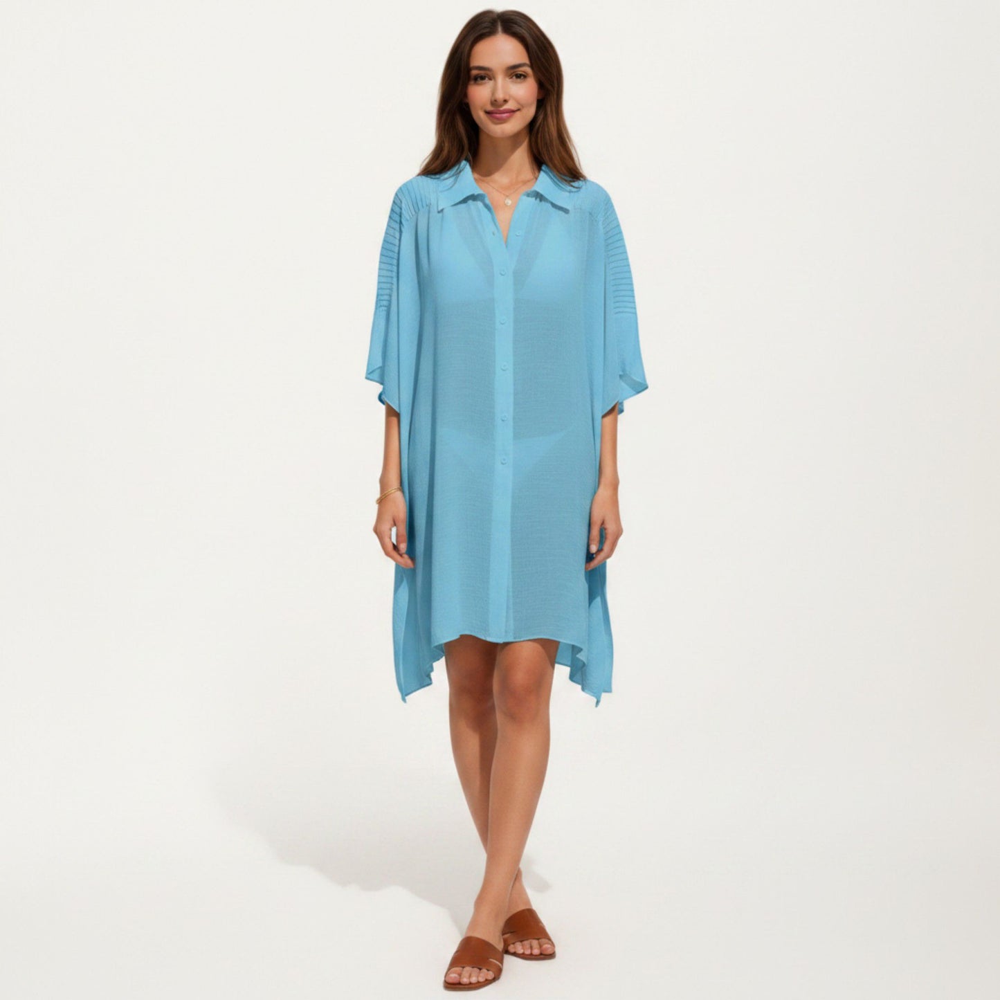 Button Front Swim Cover Up Shirt Dress Loose Lightweight Beach Kaftan